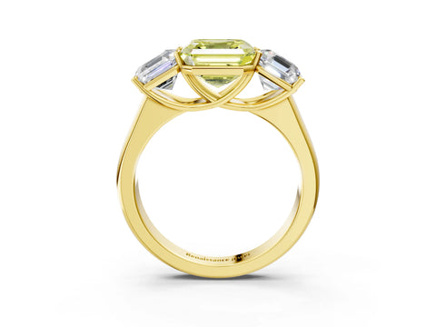 Yellow gold Fancy Yellow Asscher Cut Three-Stone Diamond Ring with Prong Setting on a Classic Band_3