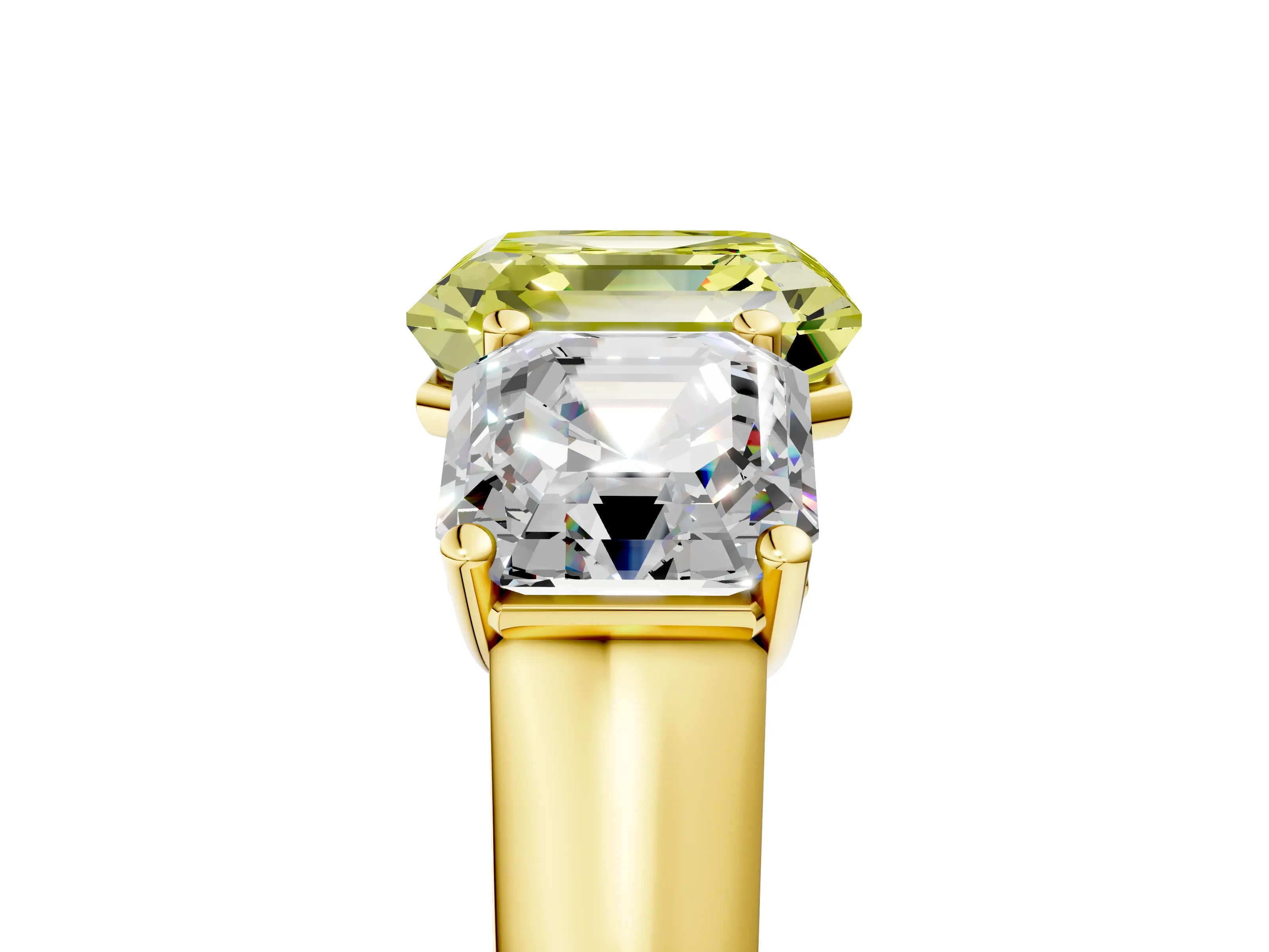 Yellow gold Fancy Yellow Asscher Cut Three-Stone Diamond Ring with Prong Setting on a Classic Band_5