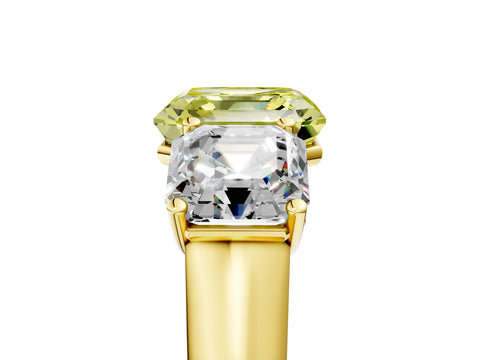 Yellow gold Fancy Yellow Asscher Cut Three-Stone Diamond Ring with Prong Setting on a Classic Band_5