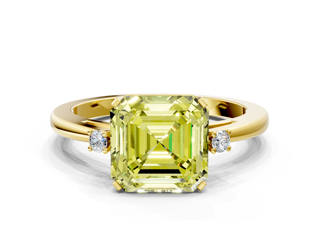 Yellow gold Fancy Yellow Asscher  Cut Three-Stone Solitaire Ring with Round Accent Diamonds and Four-Prong Setting_20
