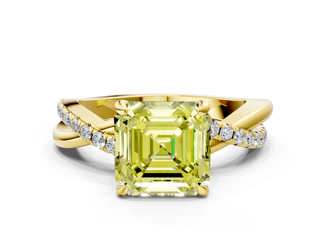 Yellow gold Fancy Yellow Asscher  Cut Twist Band Solitaire Diamond Ring with Pavé Setting_3