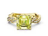 Yellow gold Fancy Yellow Asscher  Cut Twisted Pavé Band Solitaire Ring with Four-Prong Setting