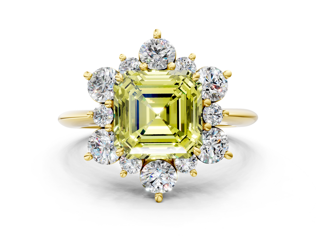 Yellow gold Fancy Yellow Asscher  Diamond Cluster Halo Ring with Solitaire Band and Four-Prong Setting