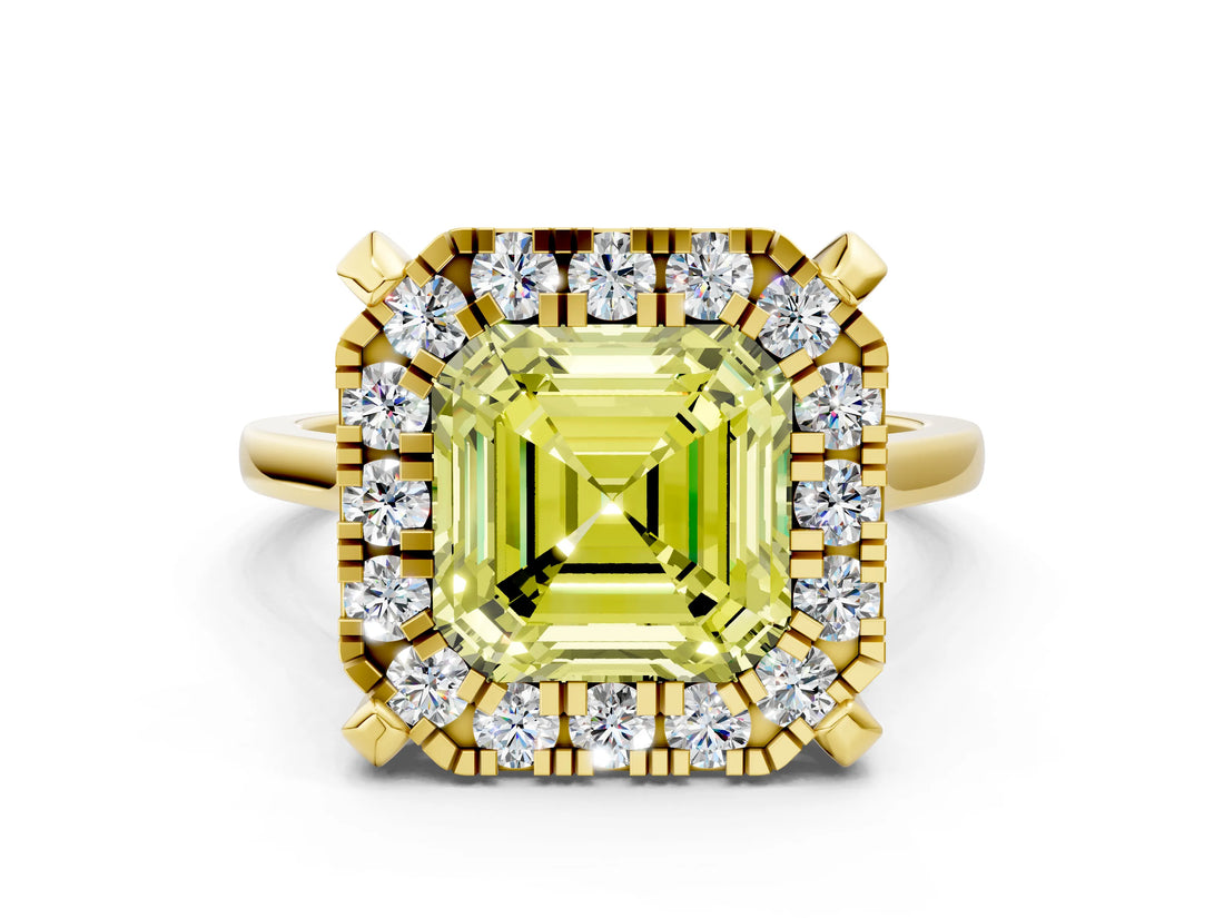 Yellow gold Fancy Yellow Asscher  Diamond Cluster Halo Solitaire with Four-Prong Setting_128