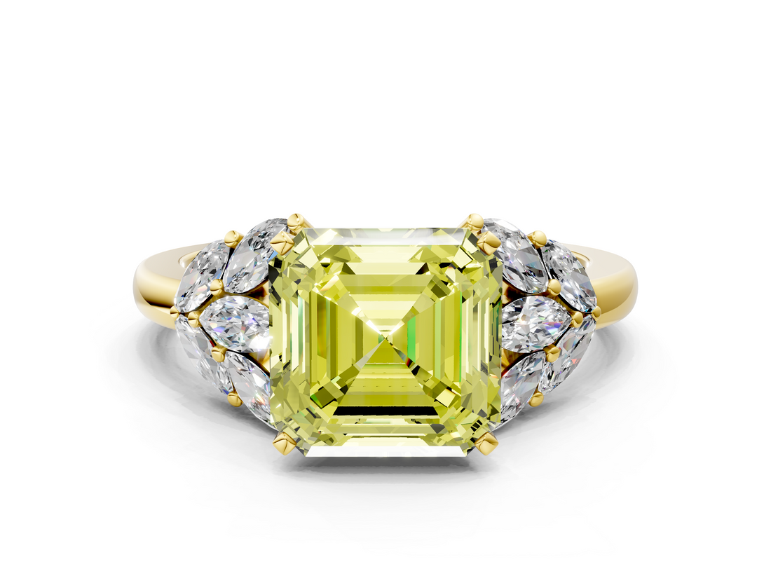 Yellow gold Fancy Yellow Asscher  Diamond Cluster Leaf Design Ring with Prong Setting