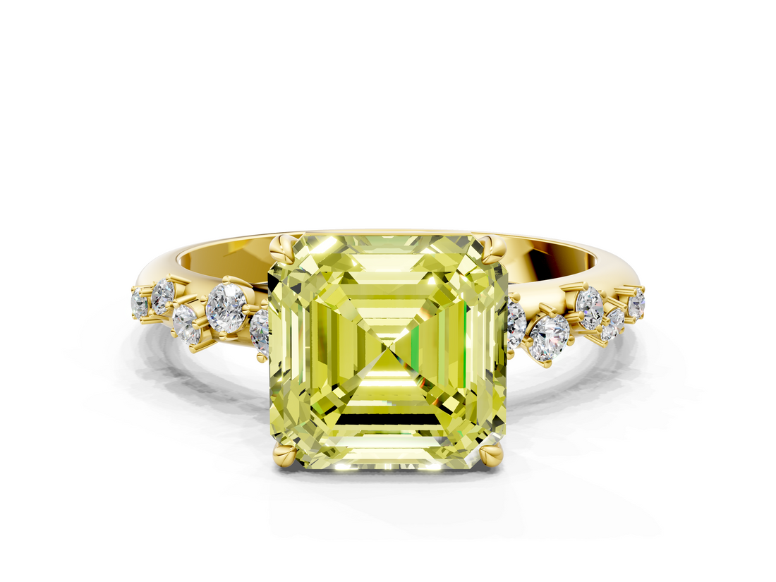 Yellow gold Fancy Yellow Asscher  Diamond Cluster Prong-Set Solitaire Ring