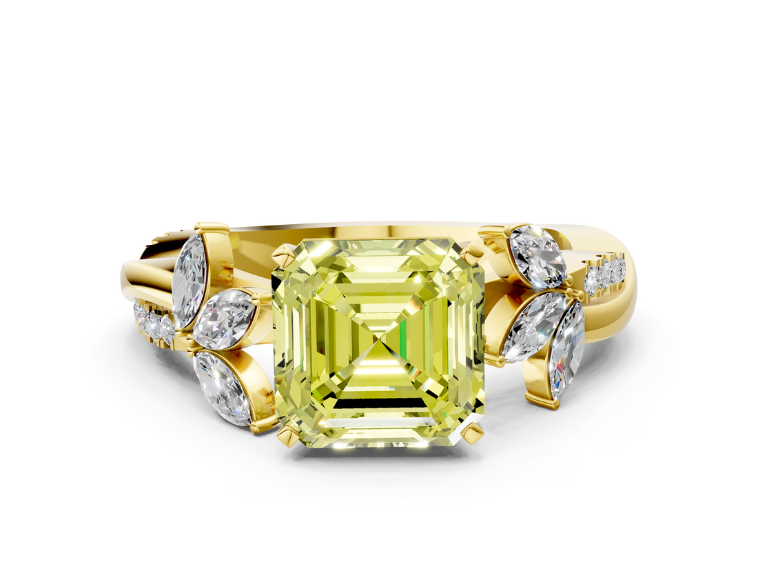 Yellow gold Fancy Yellow Asscher  Diamond Floral Vine Solitaire Engagement Ring