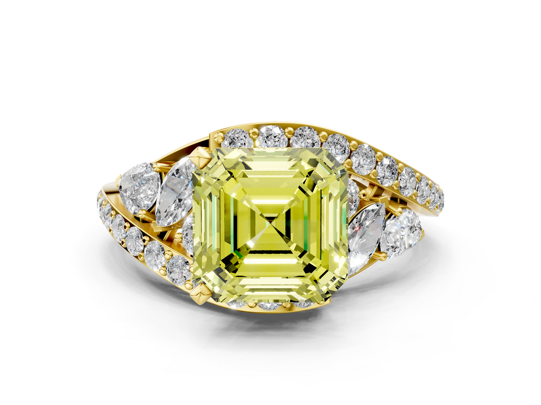 Yellow gold Fancy Yellow Asscher  Diamond Halo Ring with Marquise and Pavé Band in Prong Setting_17