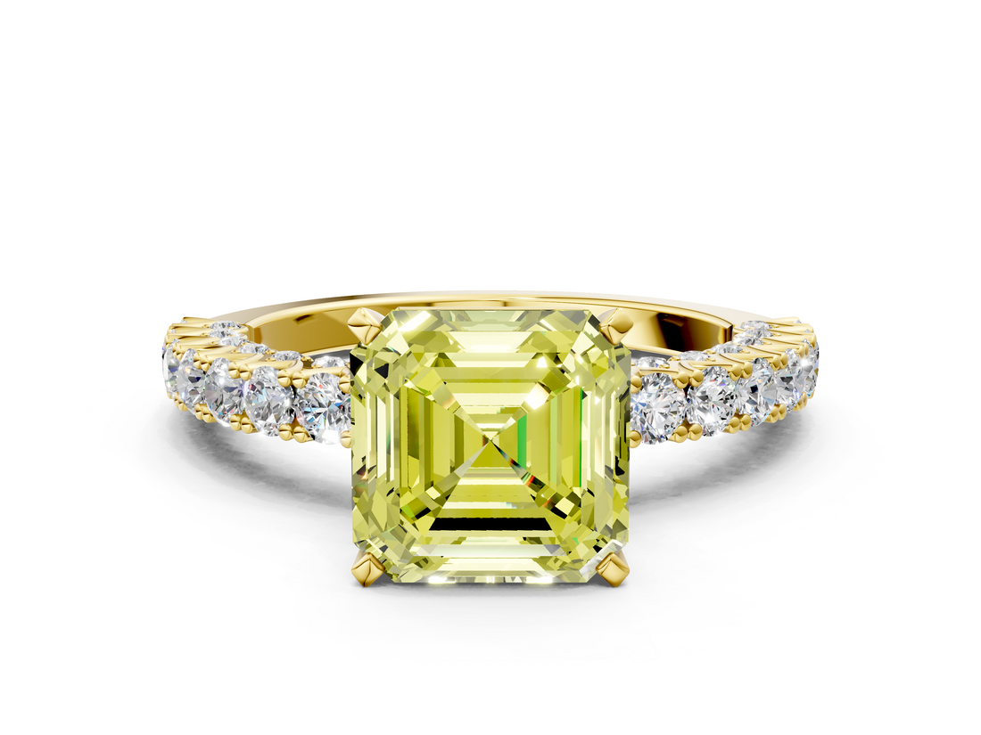 Yellow gold Fancy Yellow Asscher  Diamond Pavé Band Solitaire Ring with Four-Prong Setting