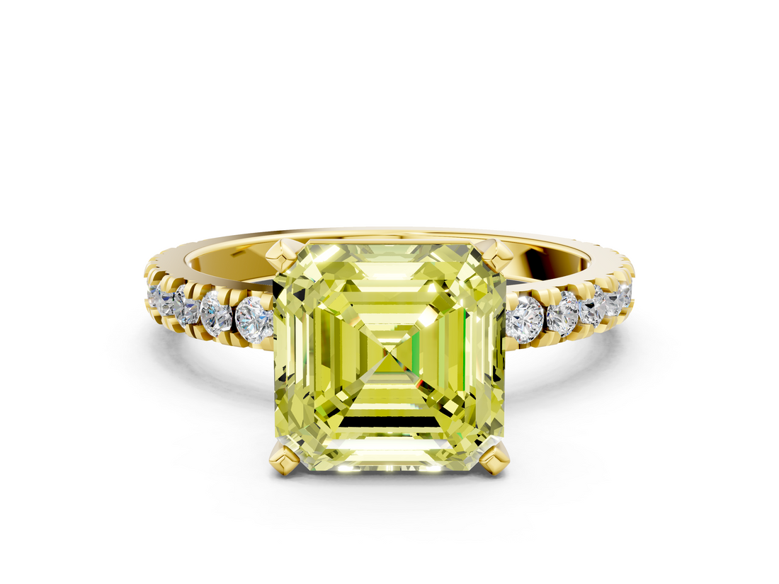 Yellow gold Fancy Yellow Asscher  Diamond Pavé Band Solitaire with Four-Prong Setting