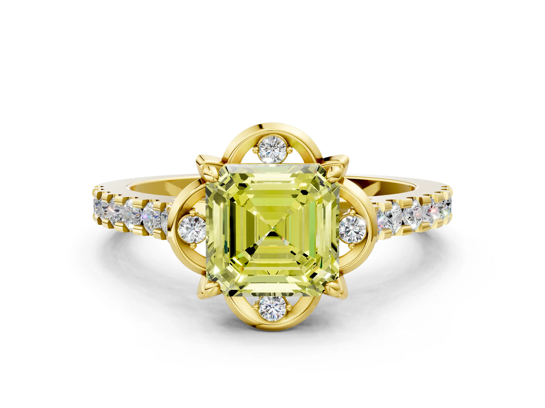 Yellow gold Fancy Yellow Asscher  Diamond Pave Band with Floral Prong Setting_27