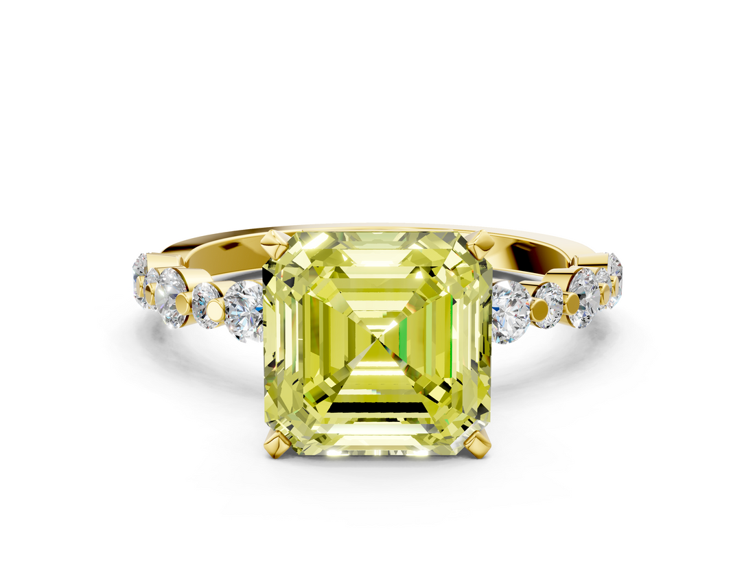 Yellow gold Fancy Yellow Asscher  Diamond Prong Set Engagement Ring with Pave Band_17