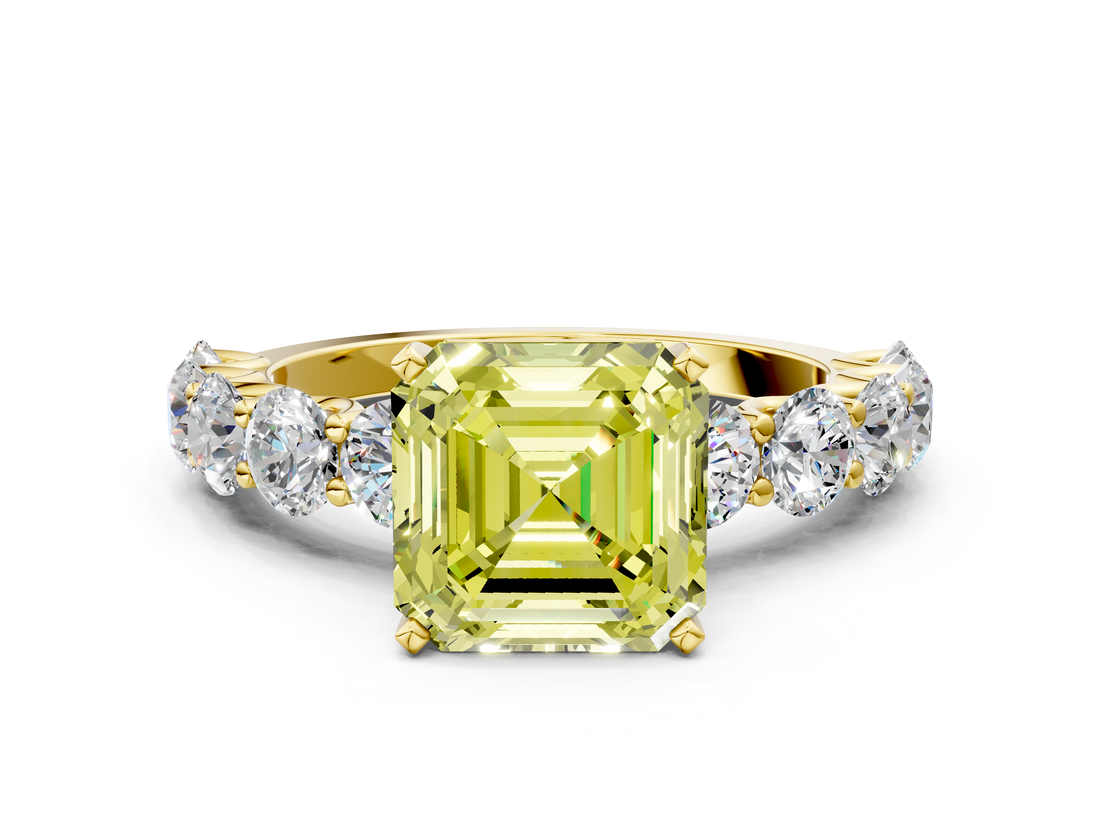 Yellow gold Fancy Yellow Asscher  Diamond Prong Setting with Side Stones on a Pave Band
