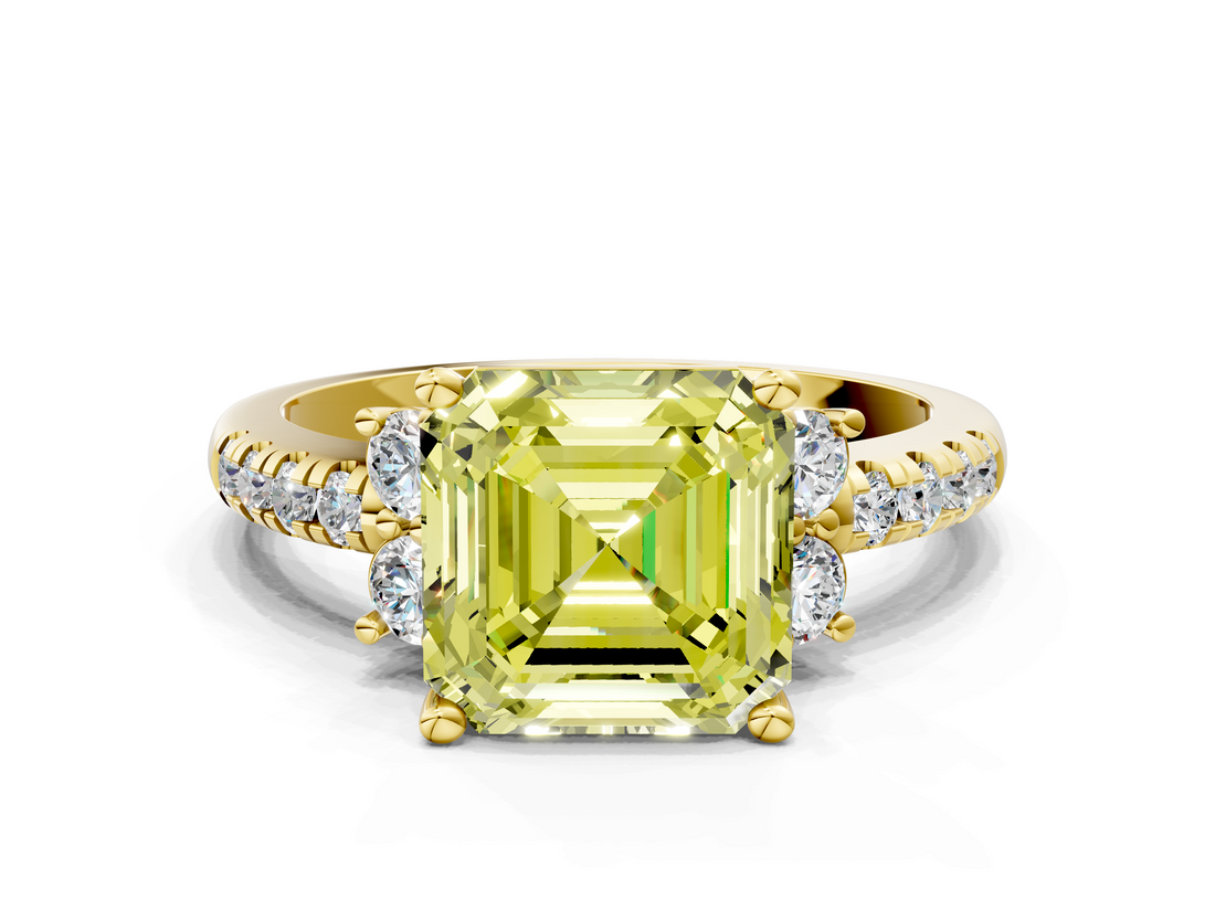 Yellow gold Fancy Yellow Asscher  Diamond Three-Stone Pave Band with Four-Prong Setting_17