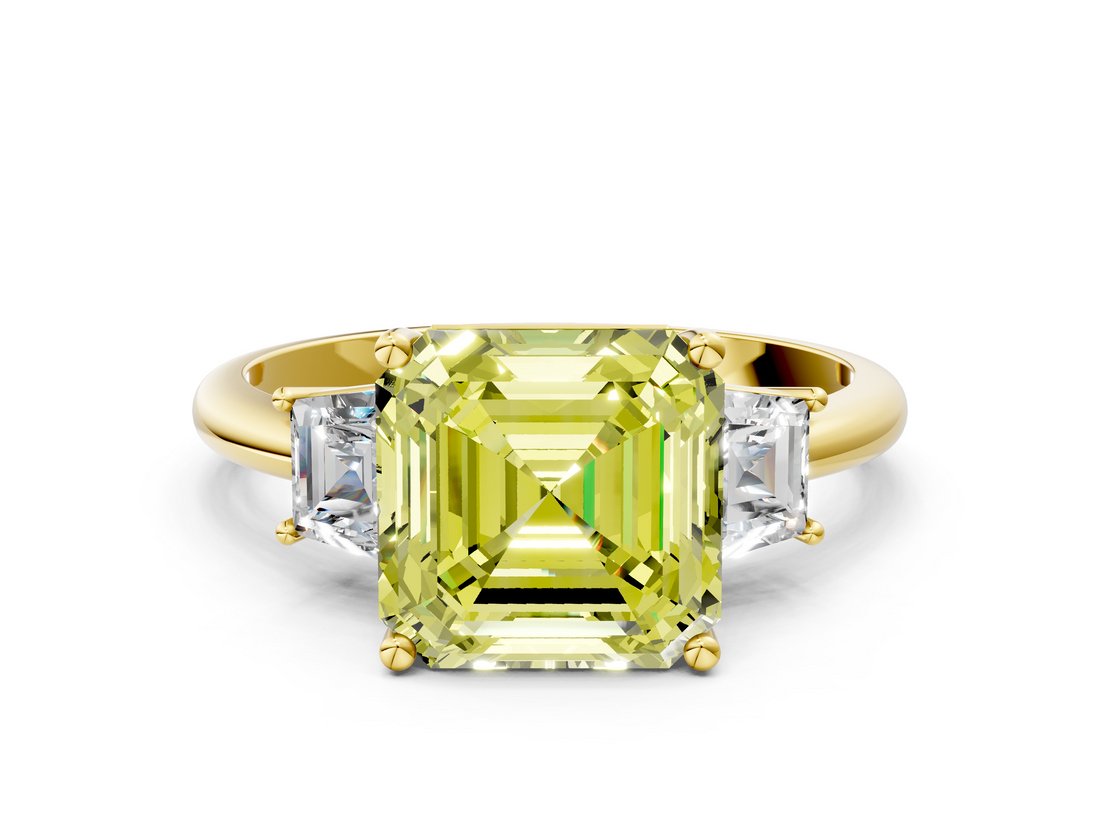 Yellow gold Fancy Yellow Asscher  Diamond Three-Stone Ring with Trapezoid Side Stones and Prong Setting_34