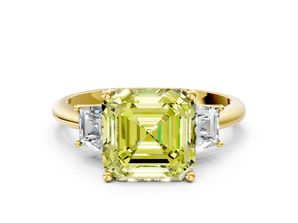 Yellow Gold Asscher Cut Three Stone Engagement Ring Setting for Fancy Yellow Center with Trapezoid Side Stones