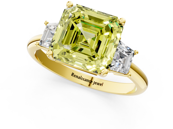 Yellow Gold Asscher Cut Three Stone Engagement Ring Setting for Fancy Yellow Center with Trapezoid Side Stones