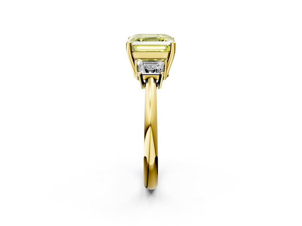 Yellow Gold Asscher Cut Three Stone Engagement Ring Setting for Fancy Yellow Center with Trapezoid Side Stones
