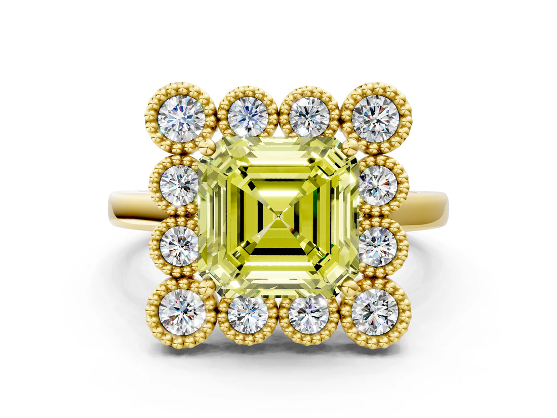 Yellow gold Fancy Yellow Asscher  Halo Diamond Cluster Engagement Ring with Milgrain Bezel Setting and Solitaire Band_27