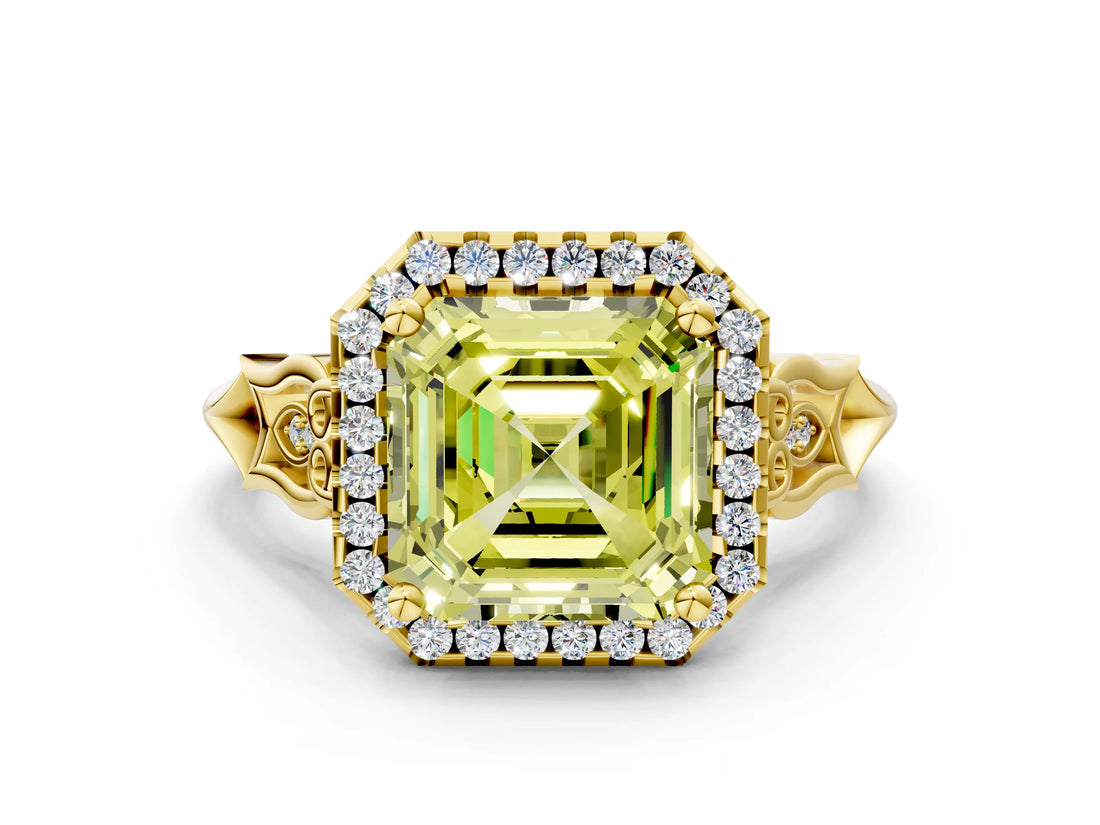 Yellow gold Fancy Yellow Asscher  Halo Diamond Engagement Ring with Filigree Band and Four-Prong Setting_69