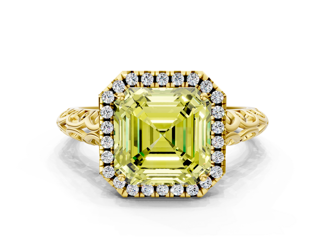 Yellow gold Fancy Yellow Asscher  Halo Diamond Engagement Ring with Intricate Filigree Band and Four-Prong Setting