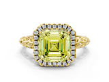 Yellow gold Fancy Yellow Asscher  Halo Diamond Engagement Ring with Intricate Filigree Band and Four-Prong Setting