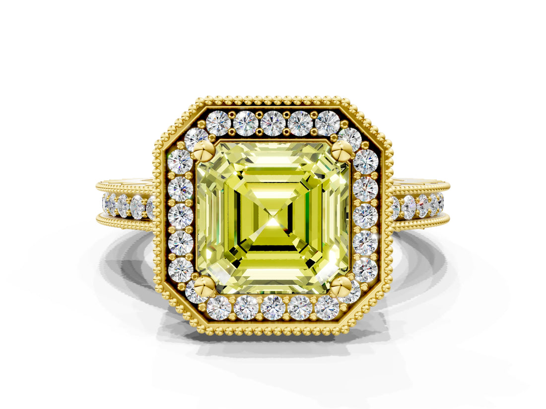 Yellow gold Fancy Yellow Asscher  Halo Diamond Engagement Ring with Milgrain Pave Band and Four-Prong Setting_12