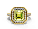 Yellow gold Fancy Yellow Asscher  Halo Diamond Engagement Ring with Milgrain Pave Band and Four-Prong Setting_12