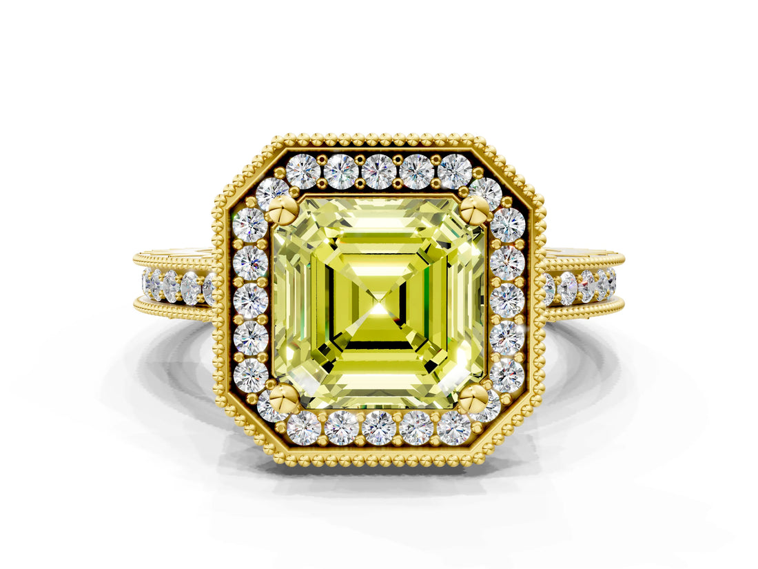 Yellow gold Fancy Yellow Asscher  Halo Diamond Engagement Ring with Milgrain Pave Band and Four-Prong Setting_63