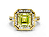 Yellow gold Fancy Yellow Asscher  Halo Diamond Engagement Ring with Milgrain Pave Band and Four-Prong Setting_63