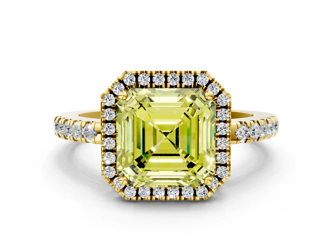 Yellow gold Fancy Yellow Asscher  Halo Diamond Engagement Ring with Pavé Band and Four-Prong Setting_27