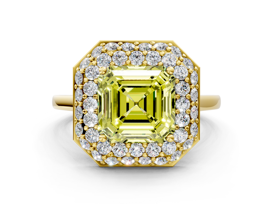 Yellow gold Fancy Yellow Asscher  Halo Diamond Engagement Ring with Solitaire Band and Four-Prong Setting_17