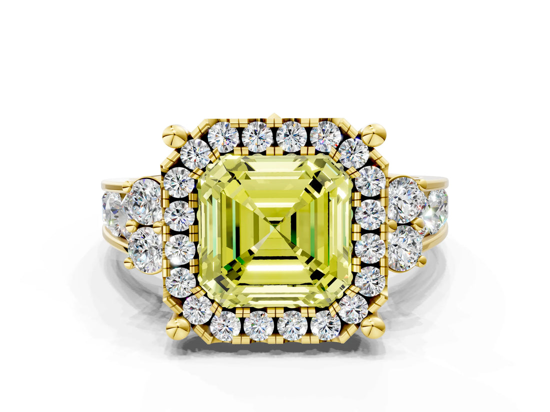 Yellow gold Fancy Yellow Asscher  Halo Diamond Engagement Ring with Split Shank and Four-Prong Setting