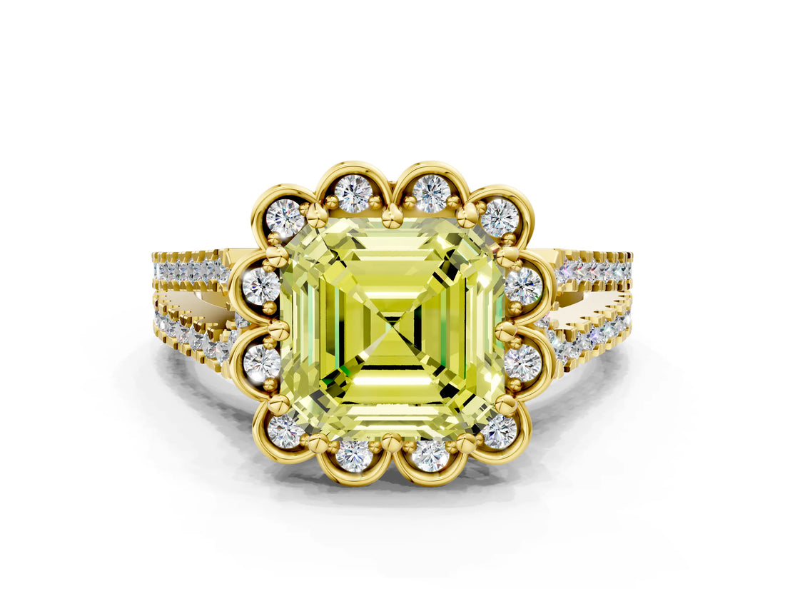Yellow gold Fancy Yellow Asscher  Halo Diamond Floral Split Shank Engagement Ring