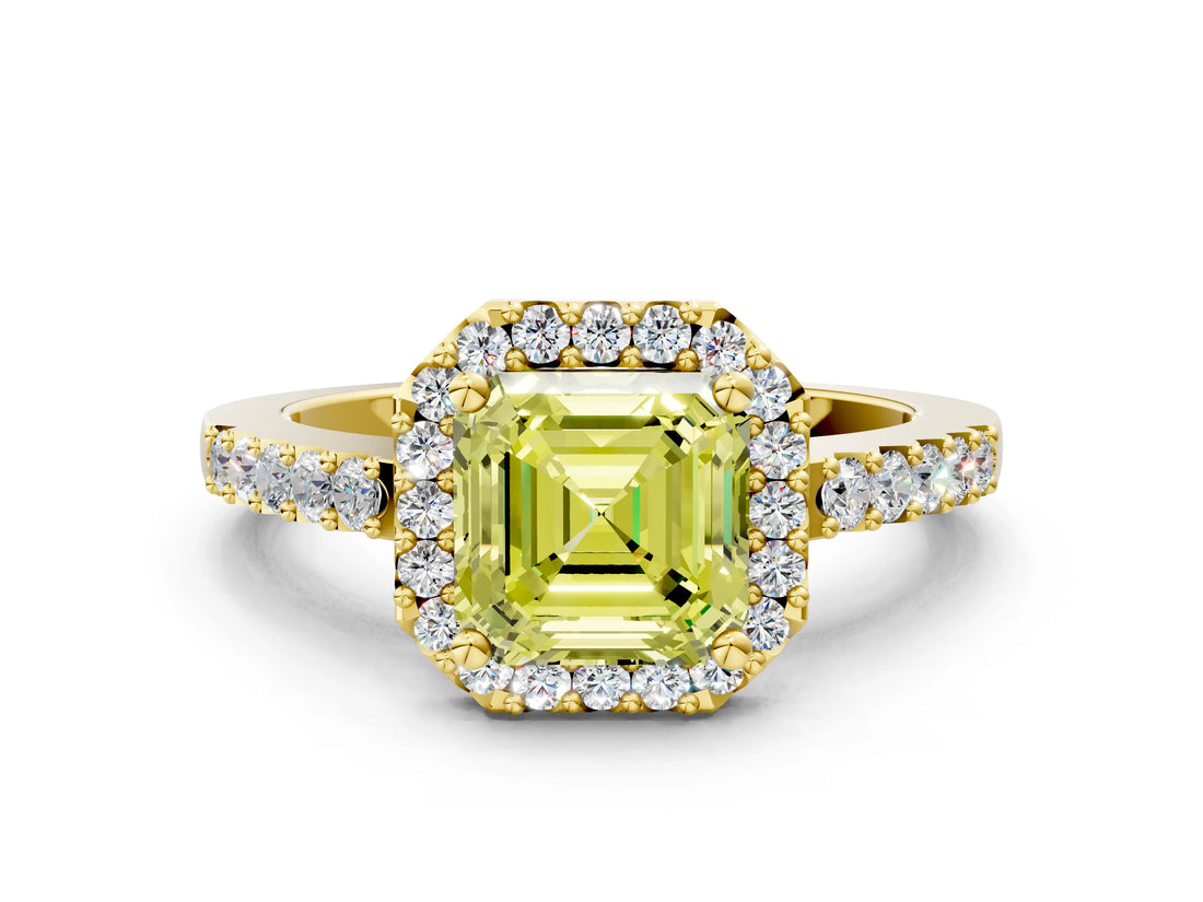 Yellow gold Fancy Yellow Asscher  Halo Diamond Pavé Solitaire Ring_73