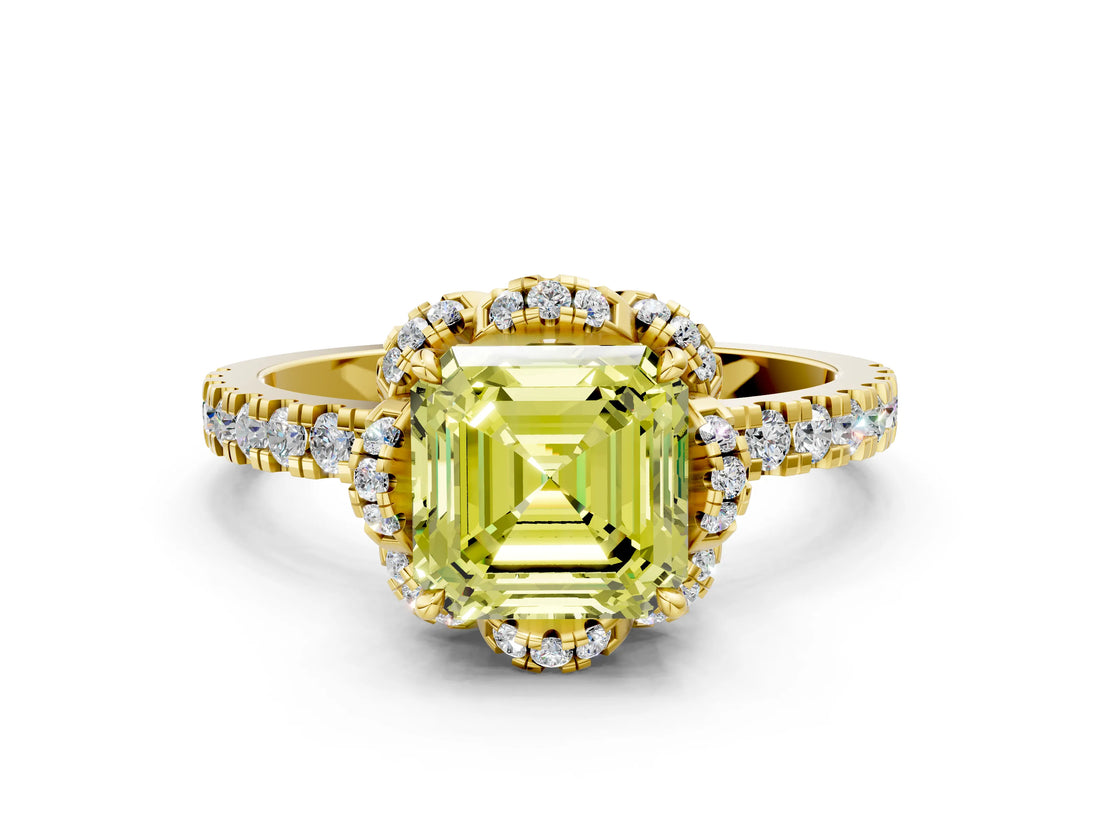 Yellow gold Fancy Yellow Asscher  Halo Diamond Pave Band Ring with Four-Prong Setting_15