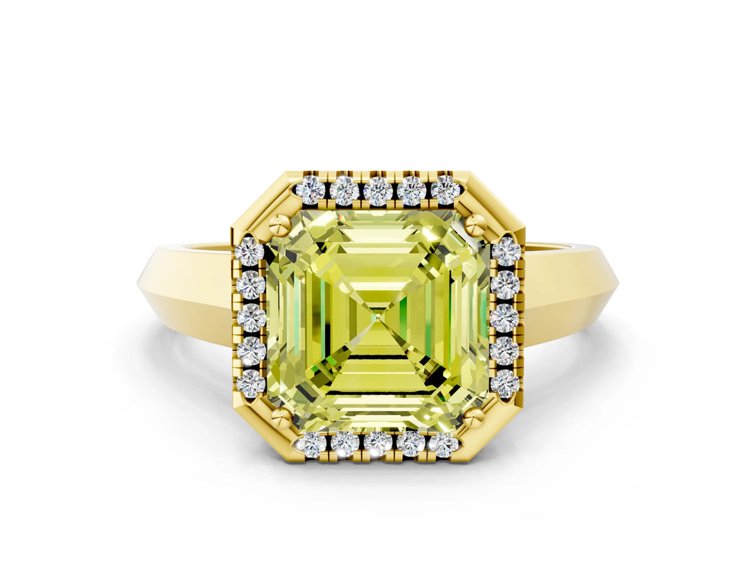 Yellow gold Fancy Yellow Asscher  Halo Diamond Ring with Cathedral Band and Four-Prong Setting_45