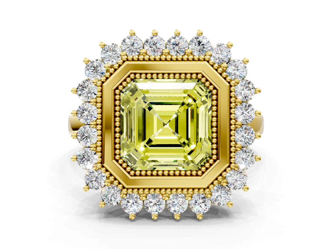 Yellow gold Fancy Yellow Asscher  Halo Diamond Ring with Milgrain Edge and Round Prong Setting_74
