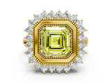 Yellow gold Fancy Yellow Asscher  Halo Diamond Ring with Milgrain Edge and Round Prong Setting_74