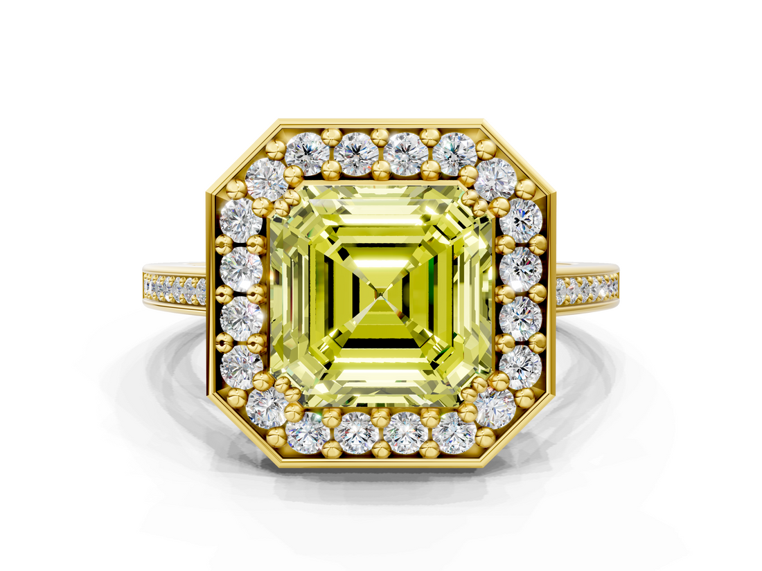 Yellow gold Fancy Yellow Asscher  Halo Diamond Ring with Split Shank and Four-Prong Setting