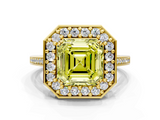 Yellow gold Fancy Yellow Asscher  Halo Diamond Ring with Split Shank and Four-Prong Setting