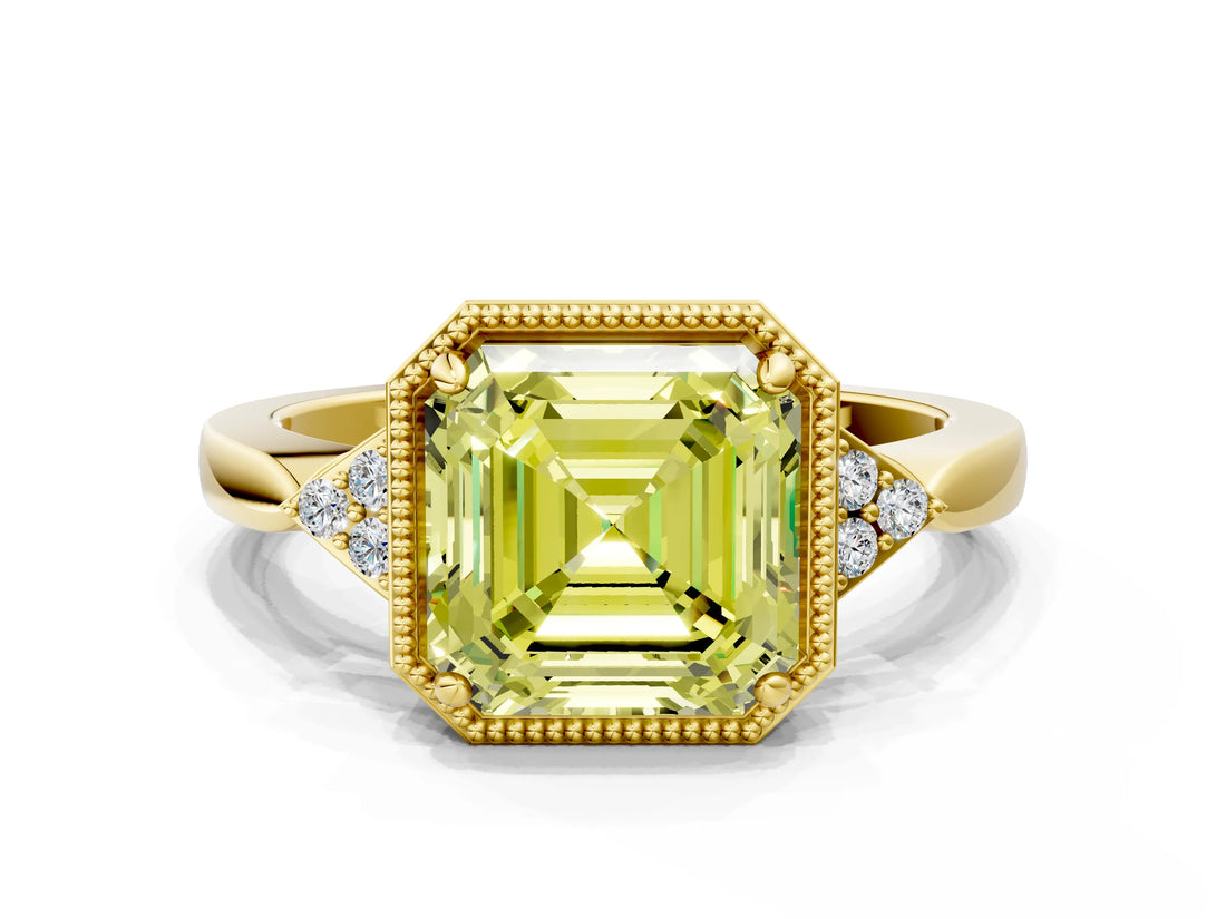 Yellow gold Fancy Yellow Asscher  Halo Diamond Ring with Tapered Band and Four-Prong Setting_7