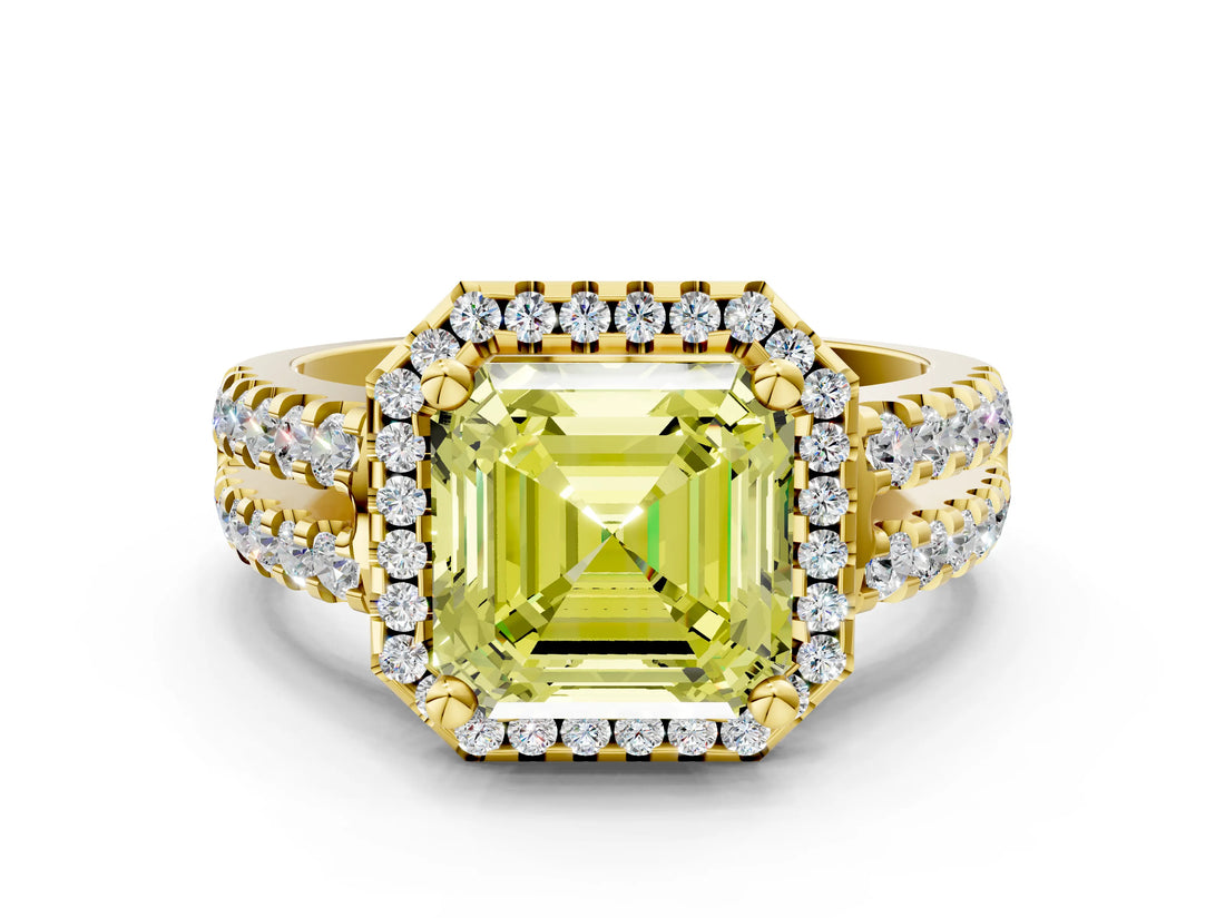Yellow gold Fancy Yellow Asscher  Halo Diamond Split Shank Engagement Ring with Prong Setting_43
