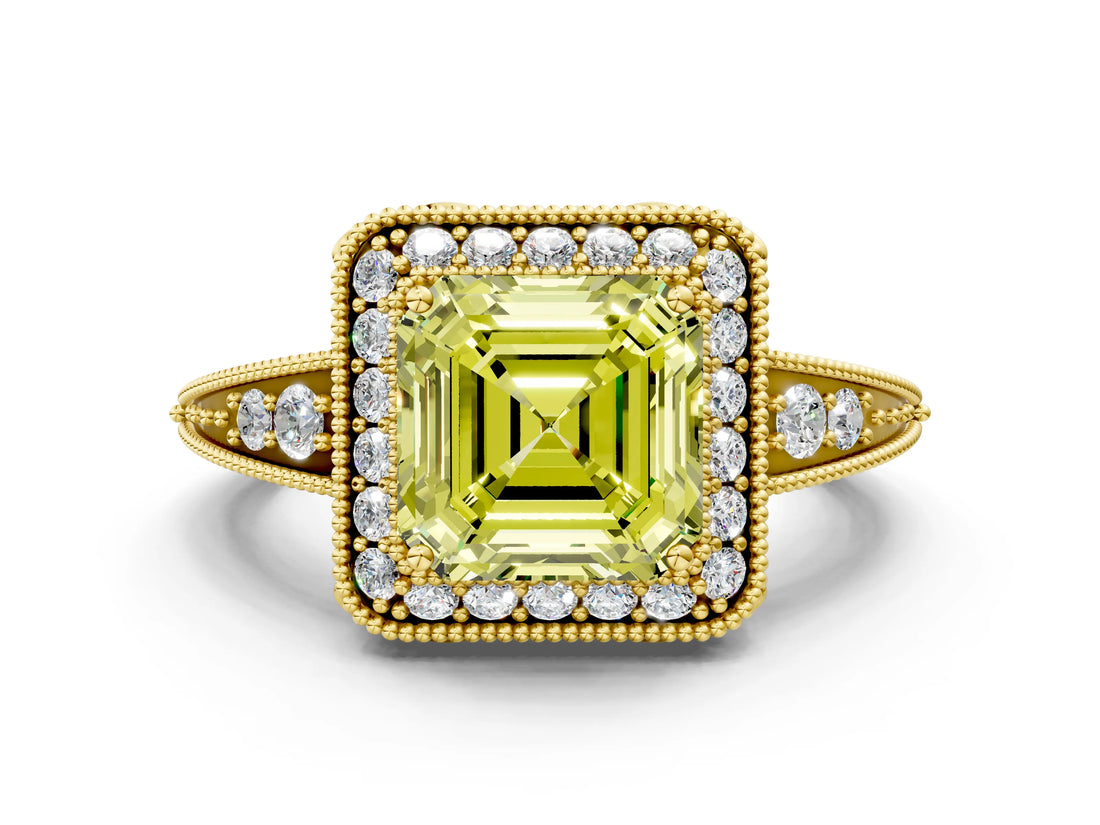 Yellow gold Fancy Yellow Asscher  Halo Diamond Split Shank Ring with Milgrain Detail_29