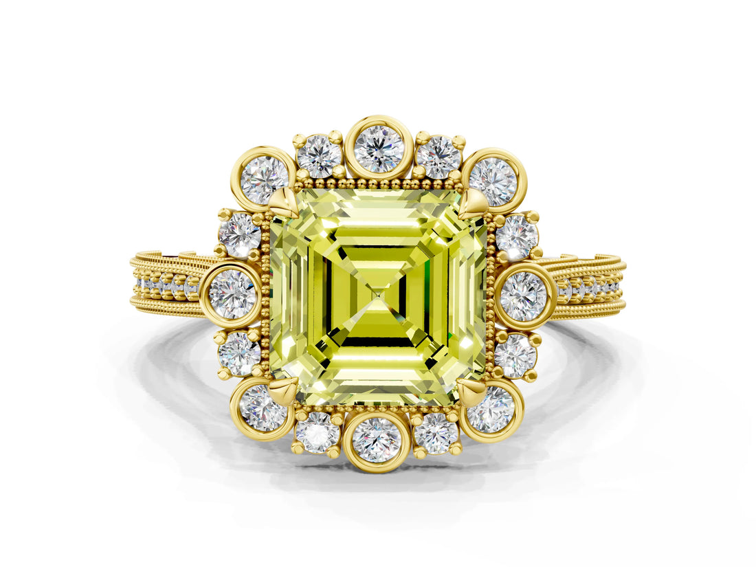 Yellow gold Fancy Yellow Asscher  Halo Milgrain Pave Diamond Ring with Four-Prong Setting 1