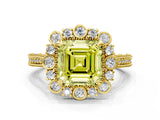 Yellow gold Fancy Yellow Asscher  Halo Milgrain Pave Diamond Ring with Four-Prong Setting 1