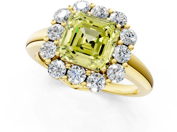 Yellow Gold Asscher Cut Graduated Milgrain Halo Engagement Ring Setting for Fancy Yellow Center