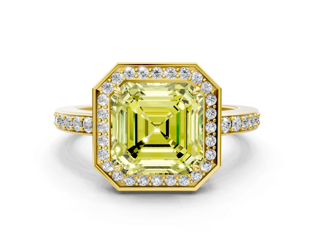 Yellow gold Fancy Yellow Asscher  Halo Pave Band Solitaire Ring with Prong Setting_48