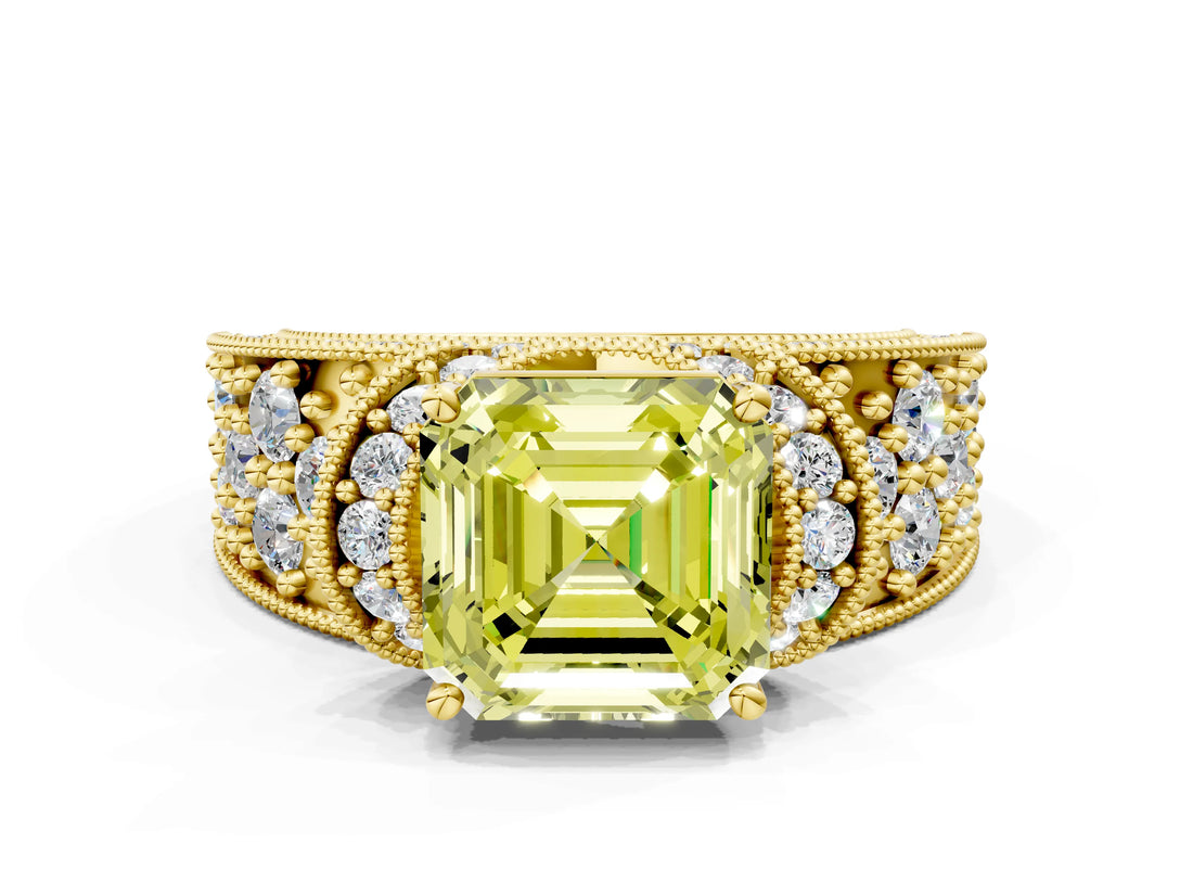 Yellow gold Fancy Yellow Asscher  Halo Pave Diamond Engagement Ring with Milgrain Detailing_46