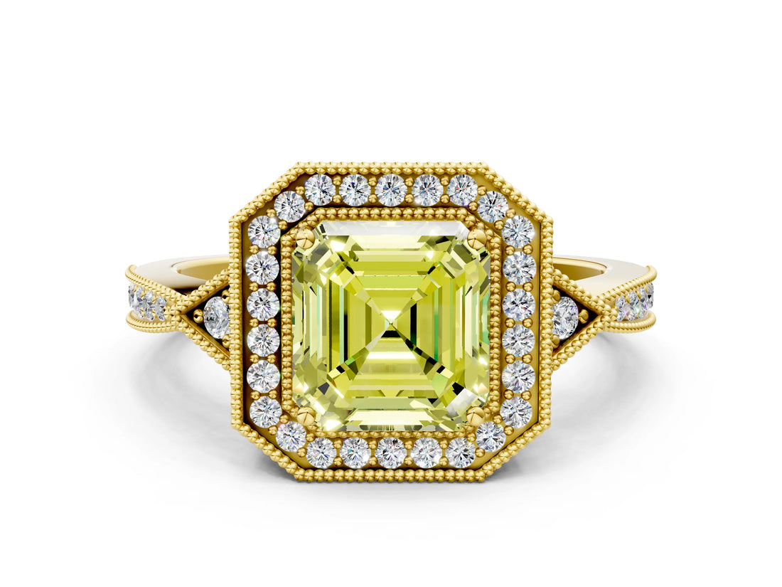 Yellow gold Fancy Yellow Asscher  Halo Round Diamond Milgrain Pave Engagement Ring_3